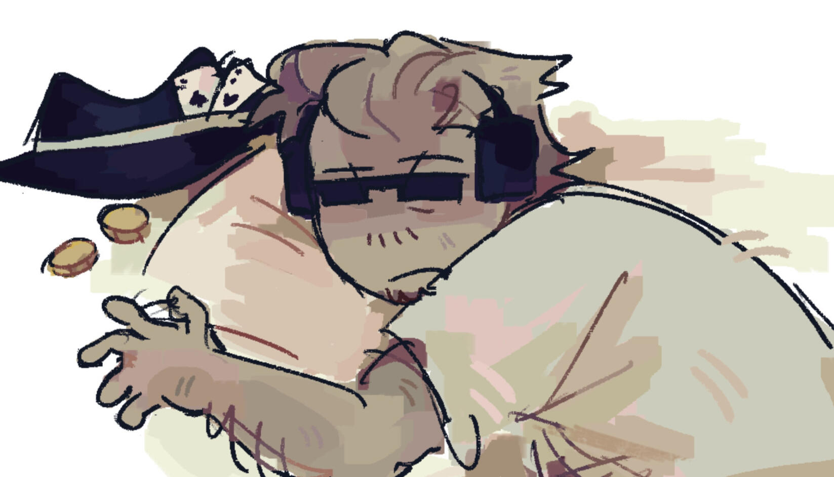 Chance laying on his bed, a few coins and his hat scattered above him.