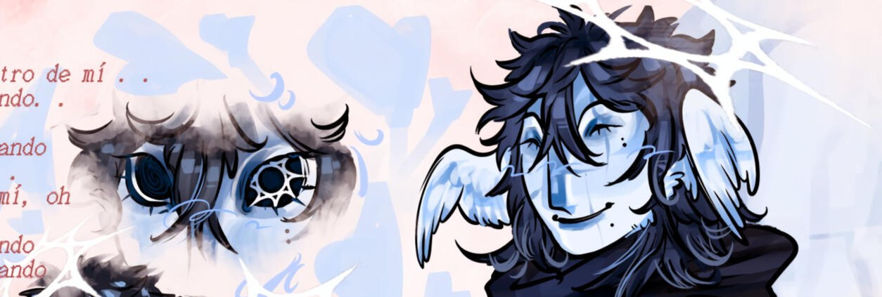 Two time (Forsaken) Smiling, off to the side is a close up of their eyes, a white spawn symbol replaces their right pupil