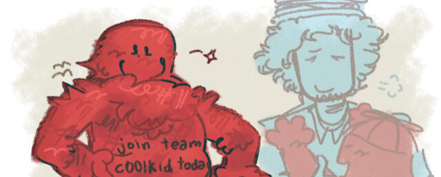 C00lkidd, extremely happy with his arms up next to his sides, his torso has the text "join team c00lkid today.". off to the side is a faded sketch of him and his father.