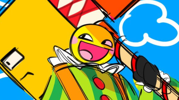 Charlatan holding her hammer, the hammer has a neutrally annoyed expression on it. charlatan has her helmet on, the helmet strongly resembles the epic face from the early 2010s